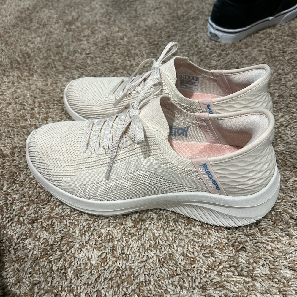 Skechers Women’s Cream Knit Slip-On Sneaker with Pink Lining